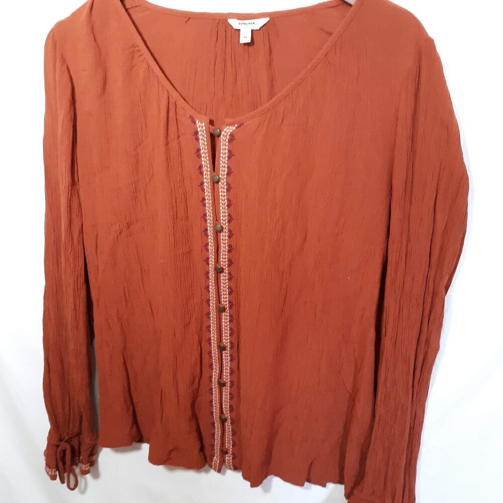 Rust Peasant Style Top Size Med. Embroidery down Front and Sleeve Cuff